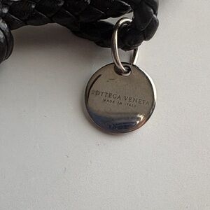 Bottega Veneta Black Woven Leather Bracelet with Silver Logo Disc